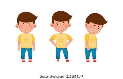 Cute boy showing different emotions set. Kid with unhappy, cheerful, upse face expression cartoon vector illustration