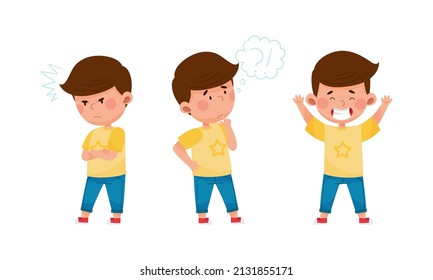 Cute Boy Showing Different Emotions Set. Kid With Angry, Thoughtful And Ecstatic Face Expression Cartoon Vector Illustration