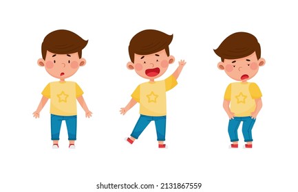 Cute boy showing different emotions set. Kid with surprised, bored and happy face expression cartoon vector illustration