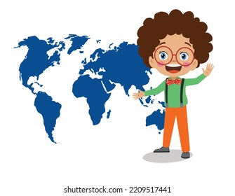 cute boy showing location on map