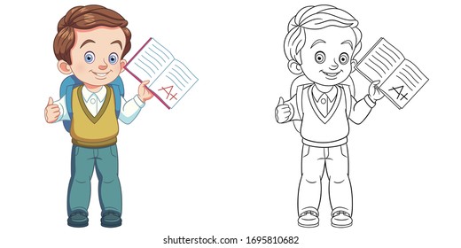 Cute boy showing A plus exam result. Coloring page and colorful clipart character. Cartoon design for t shirt print, icon, logo, label, patch or sticker. Vector illustration.