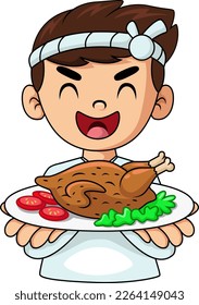 Cute boy showing roast chicken on dish