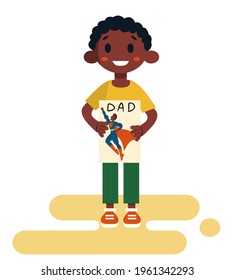 Cute Boy shows a sheet of paper with the inscription "Dad", on which he drew his dad in a superhero costume with a flowing cloak. Father's day holiday. Vector illustration.