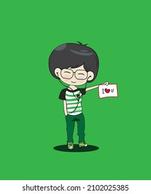 cute boy with sign in hand with text I love you written on green background