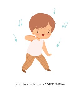 Cute Boy Singing and Dancing, Adorable Kid Having Fun and Enjoying Listening to Music Cartoon Vector Illustration
