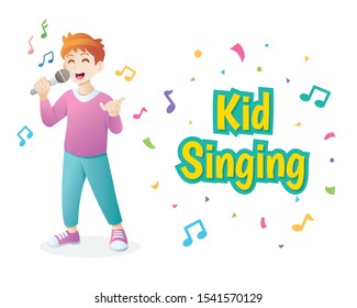Cute boy singing, Little boy singing with microphone in his hand. Vector illustration of kid singing