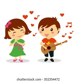 Cute boy singing a love song to beautiful smiling girl for valentine day