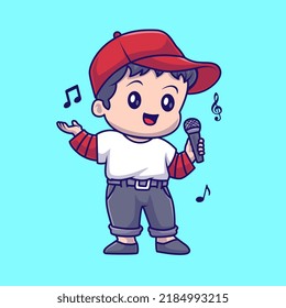 Cute Boy Singing With Microphone Cartoon Vector Icon Illustration. People Music Icon Concept Isolated Premium Vector. Flat Cartoon Style
