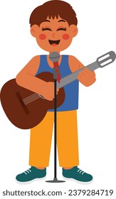 Cute Boy Singing And Playing Guitar Illustration