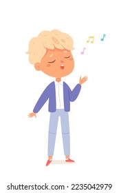 Cute boy singing song vector illustration. Cartoon isolated happy kawaii male singer standing to sing to music at Christmas party, choir performance or school concert on stage.