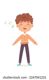 Cute boy singing song vector illustration. Cartoon isolated happy kawaii male singer standing to sing to music at Christmas party, choir performance or school concert on stage.