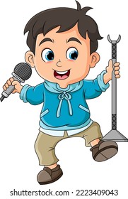 The cute boy is singing with a standing mic and dancing with audience of illustration
