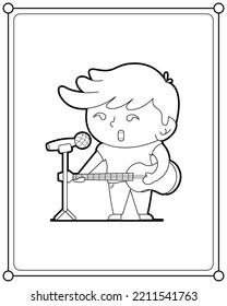 Cute boy singing while playing guitar suitable for children's coloring page vector illustration