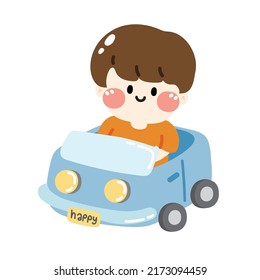 Cute boy sit on toy car.Character cartoon design.Play time.Hand drawn.Kawaii.Vector.Illustration.