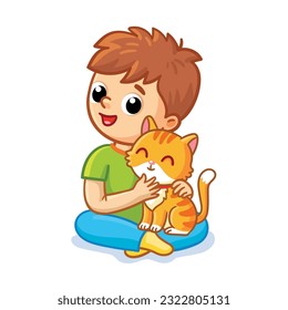 Cute boy sits with a kitten on a white background. Vector illustration with a child and an animal in cartoon style.
