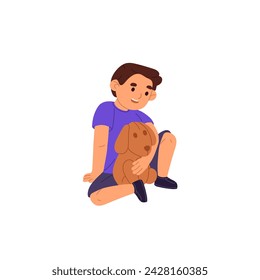 Cute boy sits on floor, plays with stuffed toy. Happy child holds favourite soft friend. Kid hugs funny dog. Children friendship. Kindergarten. Flat isolated vector illustration on white background