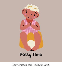Cute boy sits on the pot. The child is accustomed to the potty. Toilet time, potty time. Lavatory room for girls and boys. Vector illustration.