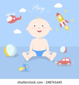 Cute boy sitting among toys. Baby and toys. Child play. Children and toys:rocket, car, ball, pacifier, helicopter, cloud