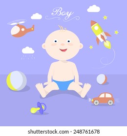 Cute boy sitting among toys. Baby and toys. Child play. Children and toys:rocket, car, ball, pacifier, helicopter, cloud