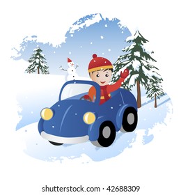 Cute boy sitting in a car on a winter day. He is waiving his hand in a greeting or farewell. A snowy scenery with pine trees and a snowman on the background.