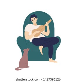 Cute boy sitting in comfy armchair and playing ukulele for his dog. Funny adorable musician with guitar and his domestic animal. Young man relaxing at home. Flat cartoon colorful vector illustration.