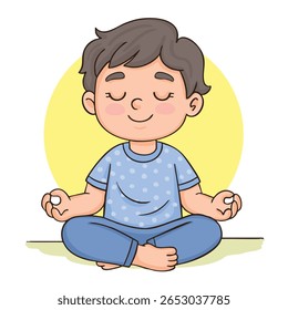 Cute boy sitting cross legged and meditating in yoga pose