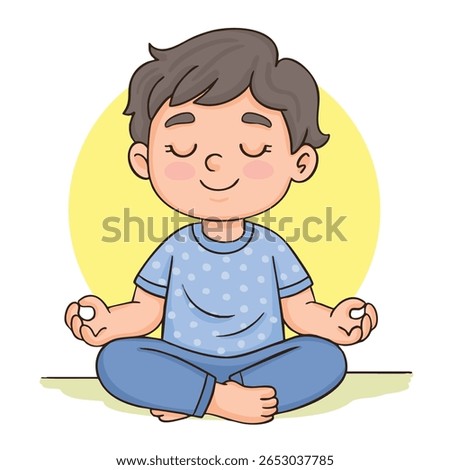 Cute boy sitting cross legged and meditating in yoga pose