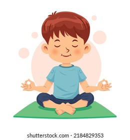 Cute boy sitting cross-legged and meditating in yoga pose, calm and relaxed. Vector illustration