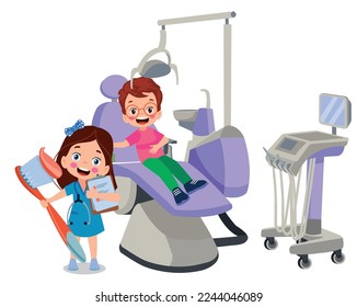 cute boy sitting in dentist chair at dental exam