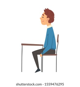 Cute Boy Sitting at the Desk in Classroom and Attentively Listening, Side View Vector Illustration