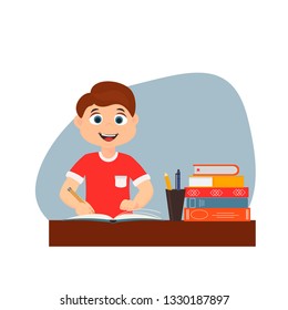 Cute boy sitting at the desk with a school supplies and books.   Little student in classroom. Study and training. Vector Illustration in cartoon style.
