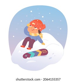 Cute boy sitting, falling from snowboard into snowdrift vector illustration. Cartoon sad snowboarder child jumping, kid student snowboarding, extreme winter sports and fall danger isolated on white