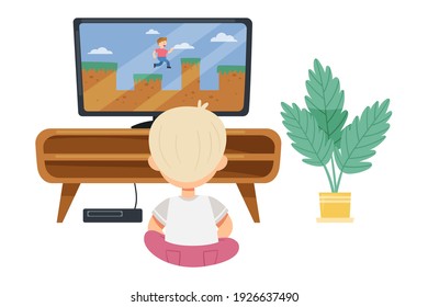 Cute Boy Sitting With Gamepad On The Floor And Playing Video Game Vector Illustration