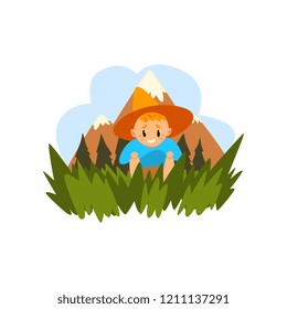 Cute boy sitting in the grass, kid enjoying summer vacation in countryside landscape vector Illustration on a white background
