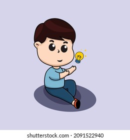 Cute boy sitting looking for ideas, illustration of a child studying to get ideas 
