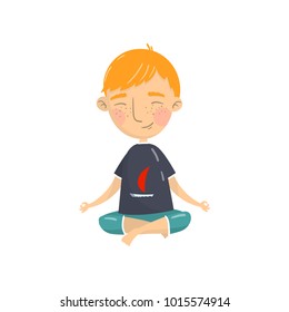 Cute boy sitting in lotus position and meditating, boy practicing yoga cartoon vector Illustration