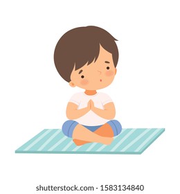 Cute Boy Sitting in Lotus Position, Adorable Kid Practicing Yoga, Active Healthy Lifestyle Vector Illustration