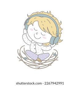 Cute boy is sitting in the nest with the headphones. Fairy tales poscast logo.