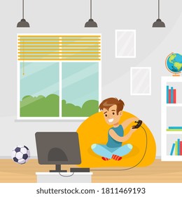 Cute Boy Sitting on Armchair and Playing Video Games in his Room Cartoon Vector Illustration