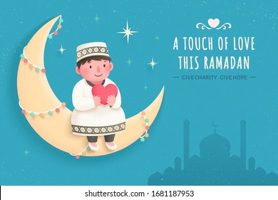 Cute boy sitting on crescent moon with a heart in arm, inspired by Zakat, an important Islamic obligation of donation and charity