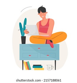 Cute boy sitting on cupboard and reading letter. Receiving personal information sheet cartoon vector illustration