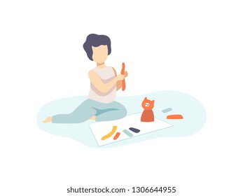 Cute Boy Sitting on Floor and Making Figures from Plasticine, Kids Creativity, Education, Development Vector Illustration