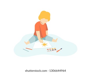 Cute Boy Sitting on Floor and Drawing with Paints and Pencils on Sheet of Paper, Kids Creativity, Education, Development Vector Illustration