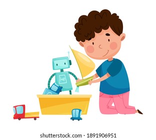 Cute Boy Sitting on the Floor and Playing with Different Toys in Playroom Vector Illustration