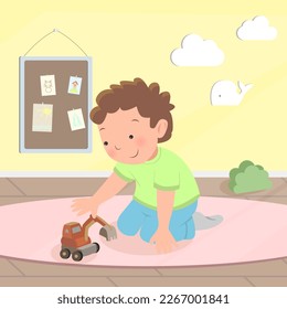 Un chico lindo sentado en el suelo jugando con el coche. Niño en kindergarten. Ilustración vectorial de dibujos animados