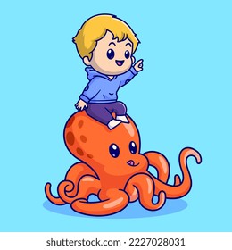 Cute Boy Sitting on Octopus Cartoon Vector Icon Illustration. People Animal Icon Concept Isolated Premium Vector. Flat Cartoon Style