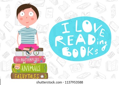 Cute Boy Sitting on Pile of Books Reading. Kids reading cartoon modern design with lettering. Vector cartoon.