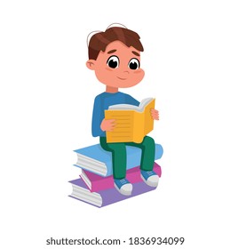 Cute Boy Sitting on Pile of Books and Reading, Preschooler Kid or Elementary School Student Enjoying Literature Cartoon Style Vector Illustration