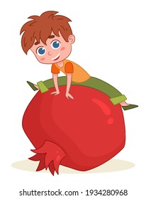 Cute boy sitting on a pomegranate. Child with fruits. Vector illustration. Isolated on a white background. 