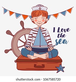 Cute boy sitting on a suitcase and playing with toy sailing boat. Travel vector concept